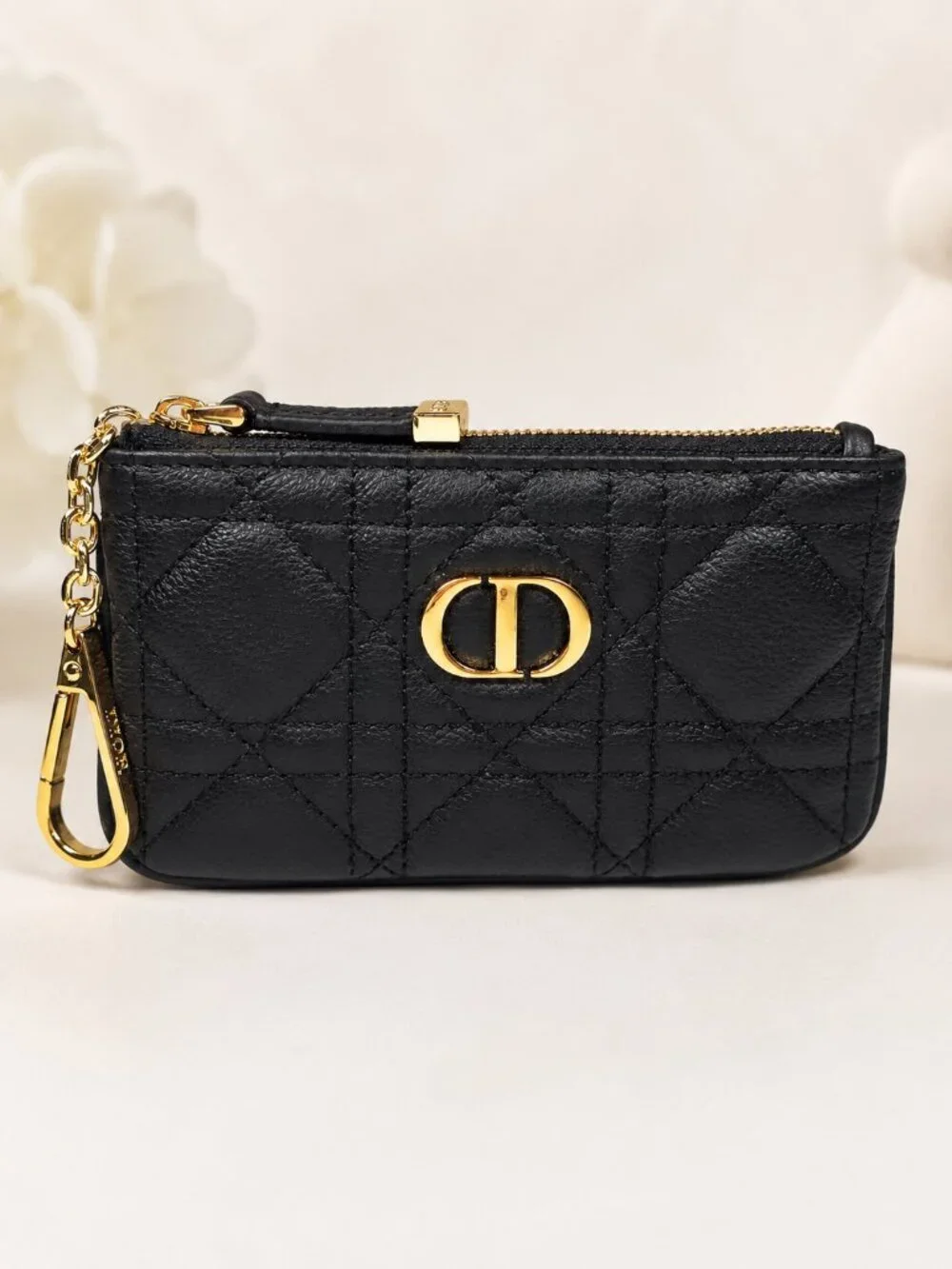 Dior Black Quilted Leather Zip Card Holder / Coin Pouch w Gold DIOR Hardware